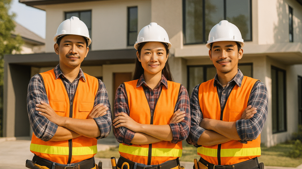 Tiga profesional konstruksi Indonesia sedang memeriksa cetak biru proyek di depan rumah modern yang sedang dibangun di Bandung.