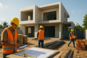 Pembangunan rumah modern minimalis di Indonesia dengan pekerja konstruksi memakai helm keselamatan, tumpukan semen, besi, dan bata merah, serta denah rumah di atas meja.